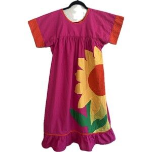Vintage Sea Wind Vibrant Pink Midi Dress Sunflower Appliqué, 100% Cotton, Size M